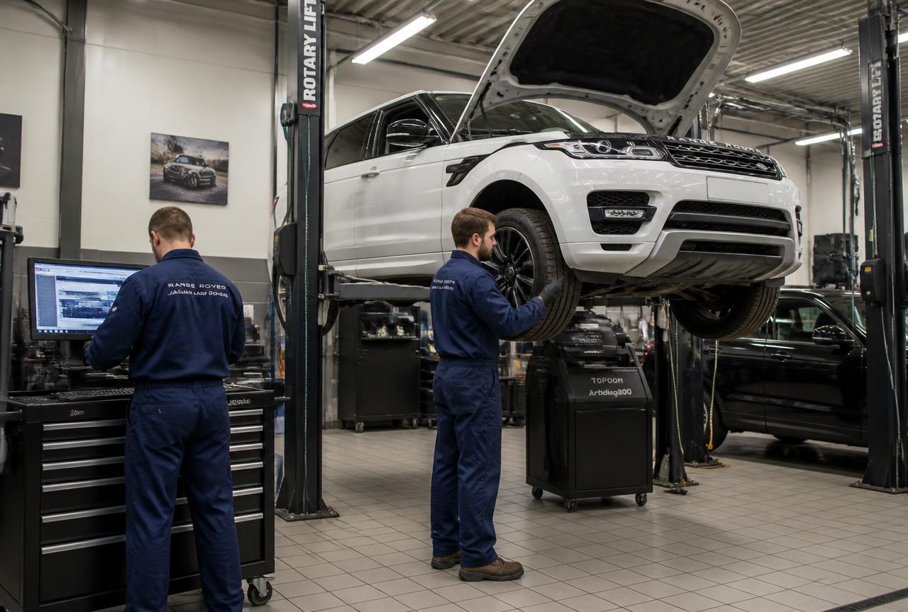Mécaniciens en combinaison bleue travaillant sur un SUV blanc sur pont élévateur dans un atelier professionnel