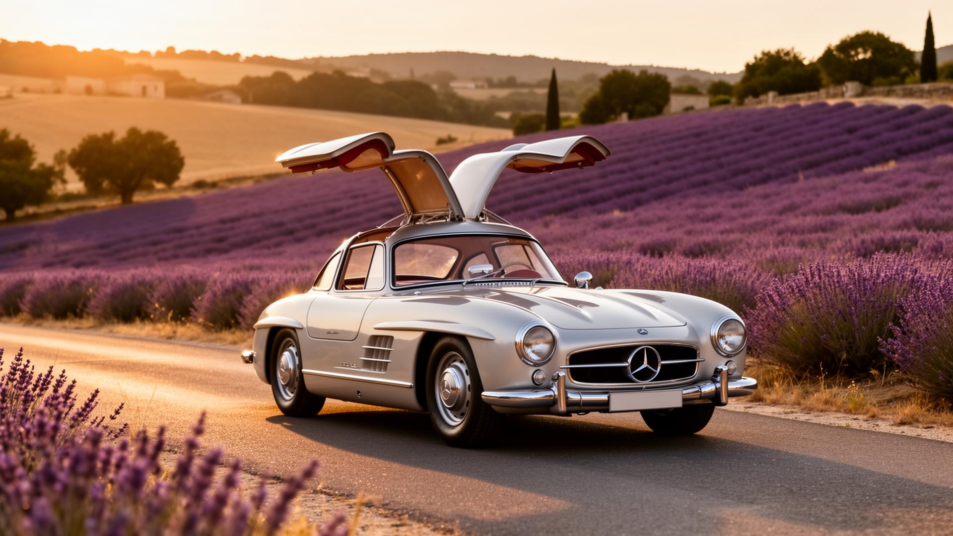 Mercedes-Benz 300 SL classique dans les champs de lavande de Provence